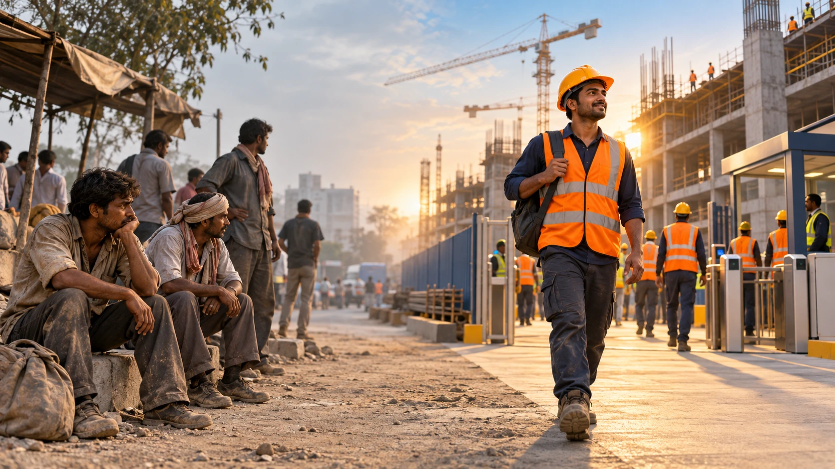 Construction workers moving from informal roadside work seeking to an organised construction site