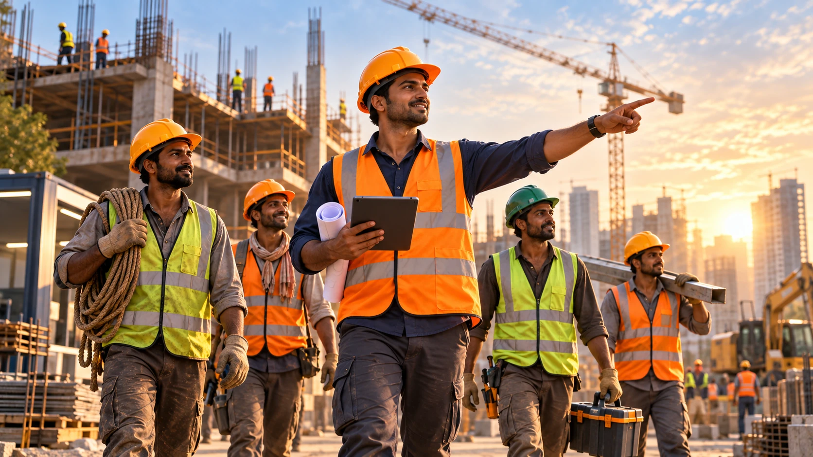 Construction worker leading a small team on an organised construction site